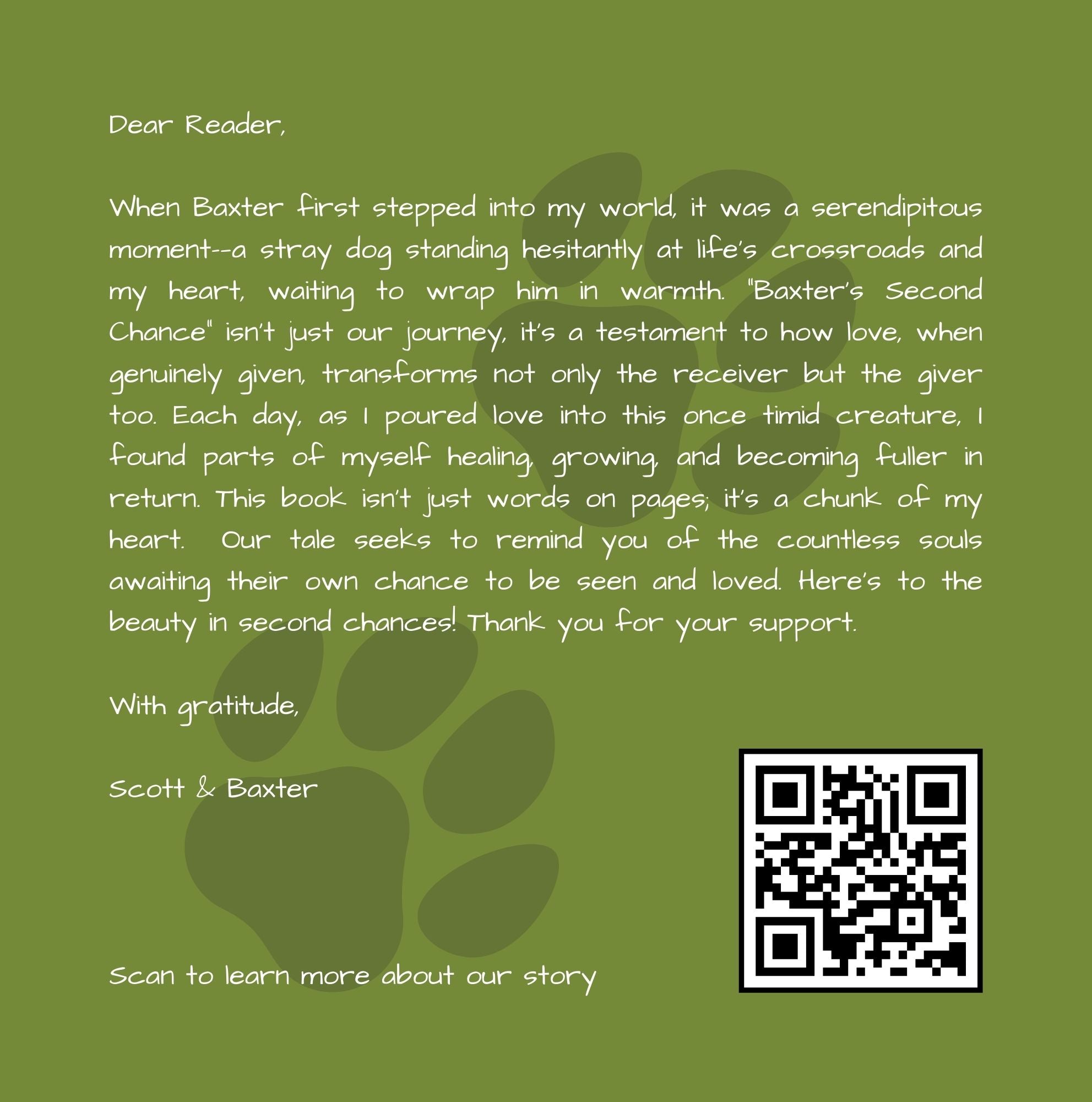Author letter page from Baxter’s Second Chance children’s rescue dog book by Scott M. Busby, sharing a message about love, adoption, and second chances, with a QR code linking to more about Baxter’s story.