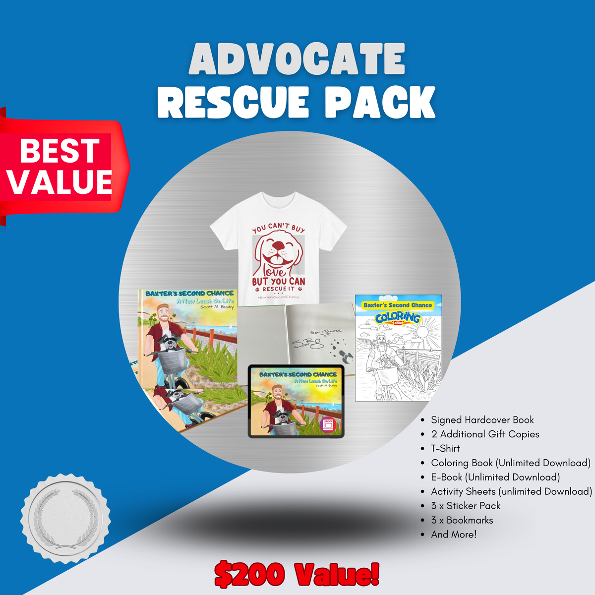 Advocate Rescue Pack for sharing BaxterDog books and mission gifts