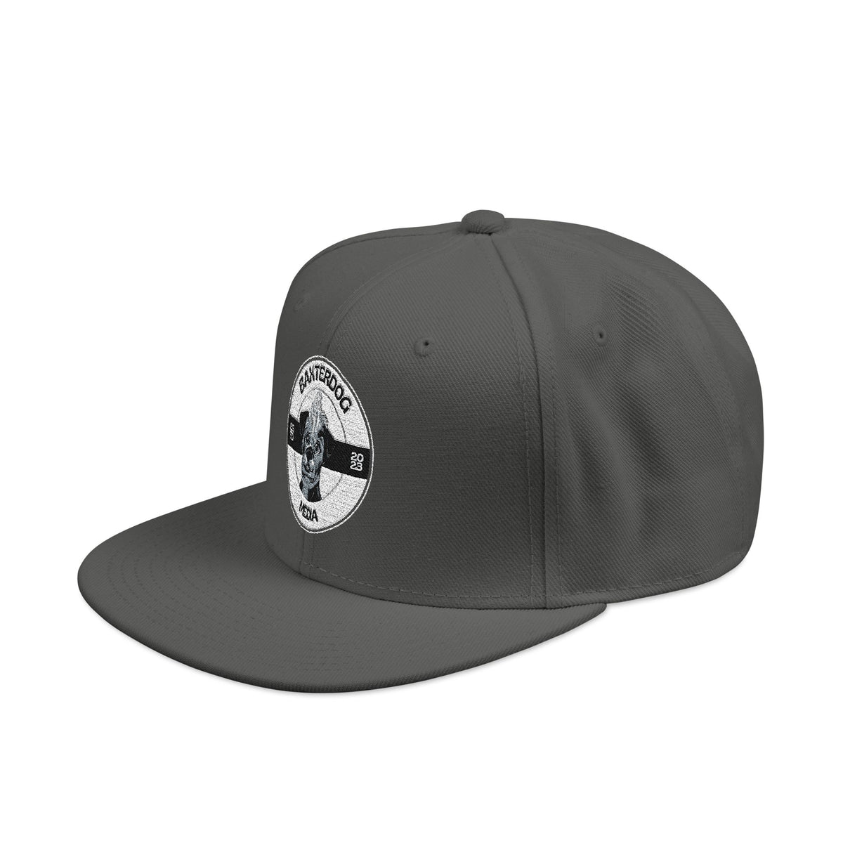 Embroidered Circle Logo Snapback Hat — Vintage Distressed Black Patch Cap