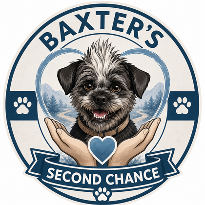Circular logo for 'Baxter's Second Chance' with a dog illustration and hands holding it.