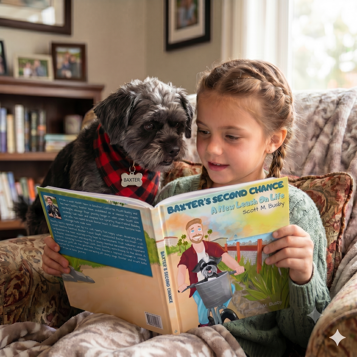 Child reading Baxter's Second Chance with BaxterDog book visible