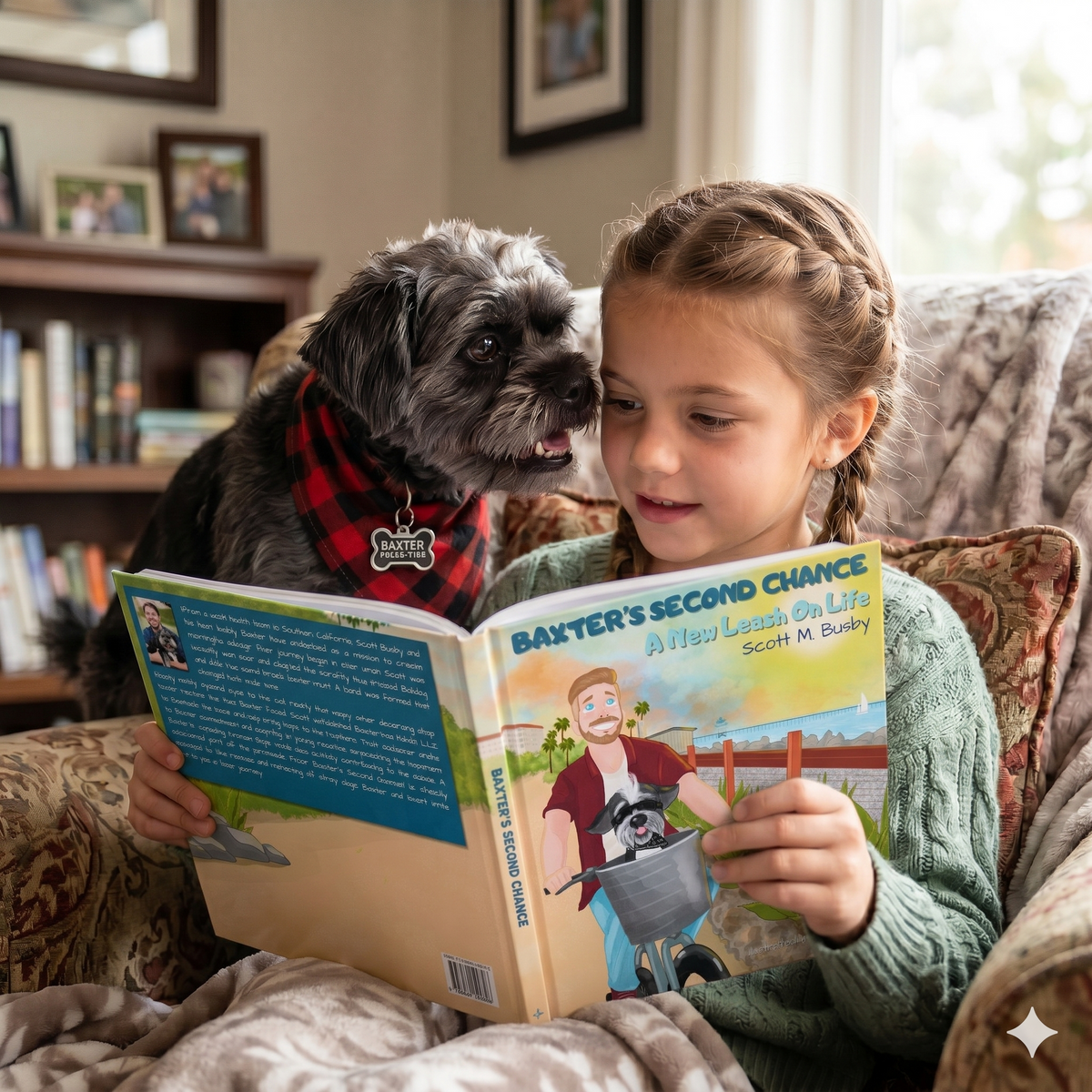 Child reading Baxter's Second Chance with BaxterDog book visible