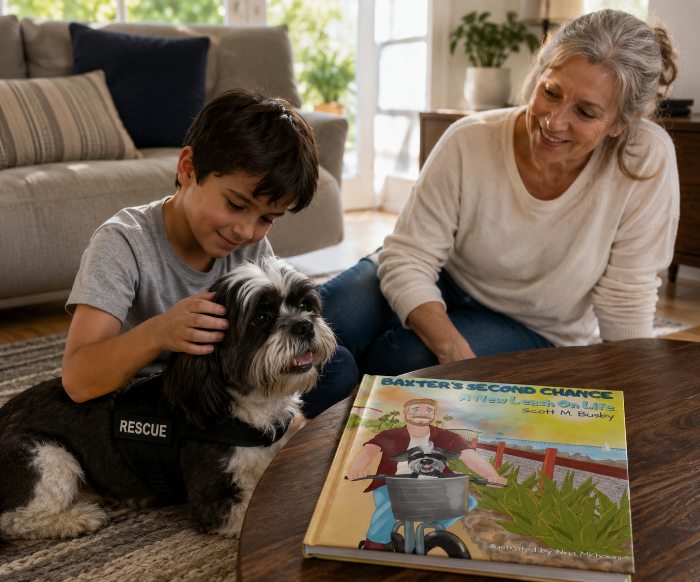 Grandmother and grandson spending gentle time with a rescue dog at home