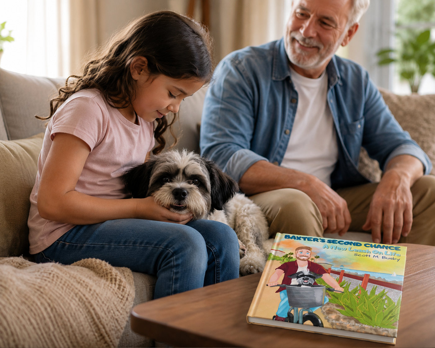 Child gently spending time with a calm rescue dog while a grandparent watches