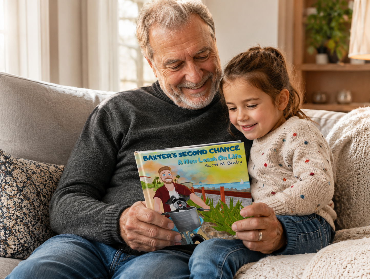 Grandparent reading a children's dog book with a child in a cozy home